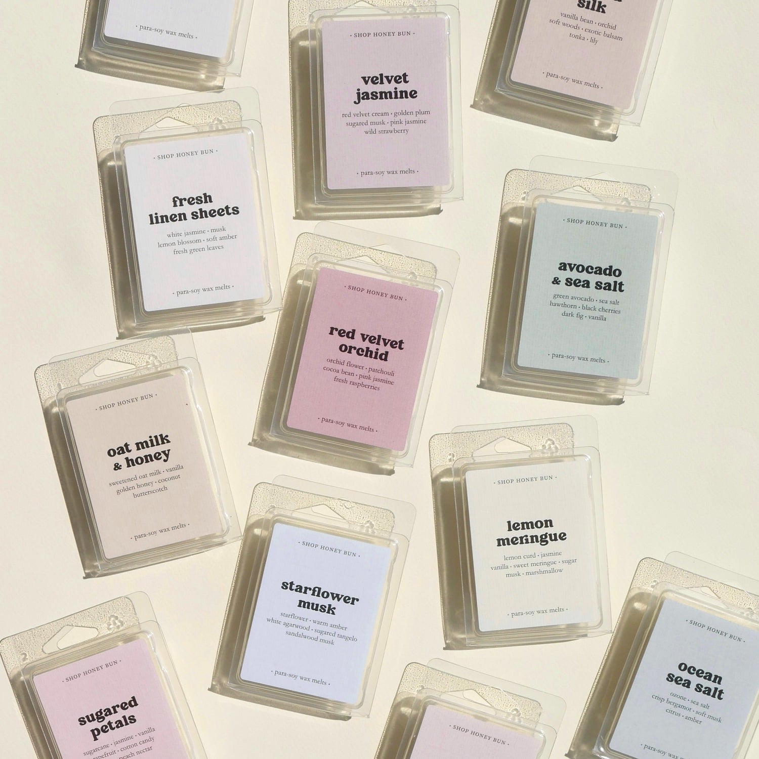 Wax melts in clamshell packaging with pastel coloured labels